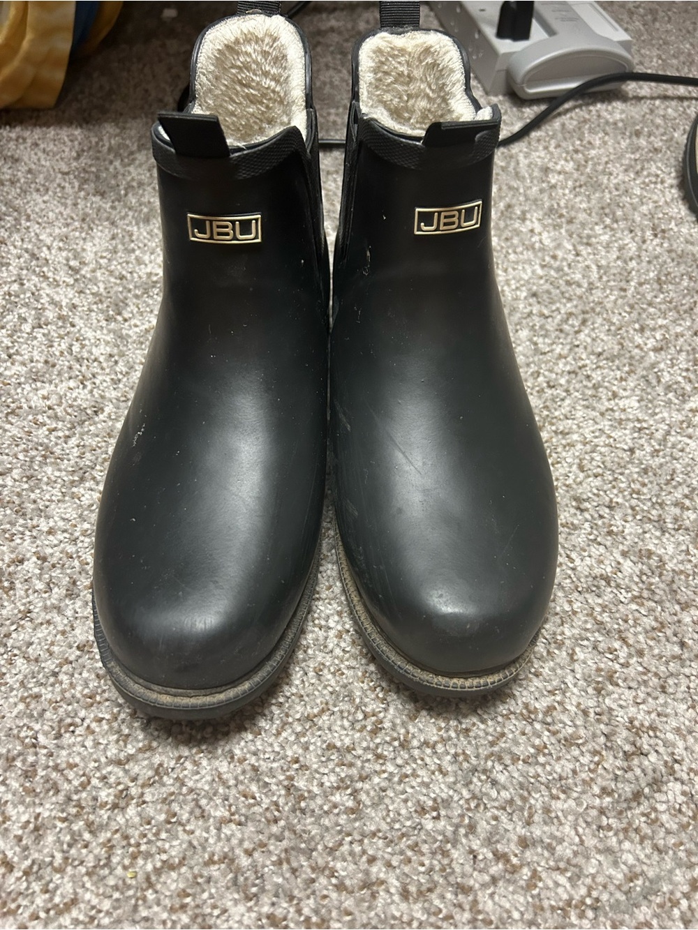 JBU Black Ankle Boots with Cream Faux Fur Collar